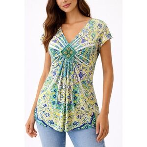 APT 9 Women's Petite Small PS Paisley Medallion V Neck Stretch Top Boho Festival